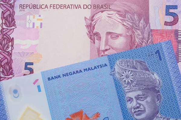 Macro Image Pink Purple Five Real Bank Note Brazil Paired — Stock Photo, Image