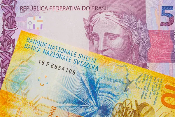 Макро Образ Рожевого Фіолетового Яти Реальних Банкнот Бразилії Парі Жовтим — стокове фото