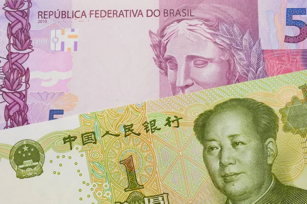 브라질에서 발행되는 지폐의 매크로 이미지와 위안짜리 지폐가 이루었다 매크로를 가까이 — 스톡 사진
