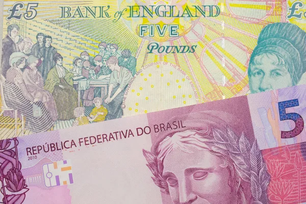Makro Obraz Růžové Fialové Pětikilové Bankovky Brazílie Spárované Barevnou Pětikilovou — Stock fotografie