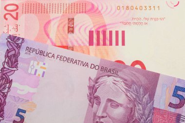 Brezilya 'dan gelen pembe ve mor beş banknotun makro görüntüsü kırmızı ve beyaz yirmi şekel banknotla eşleştirilerek İsrail' i oluşturdu. Makro çekimde yakın çekim.