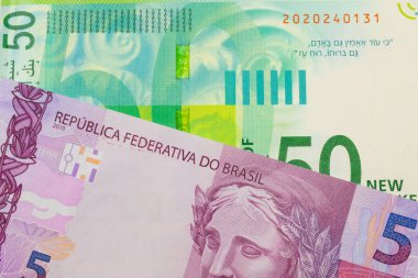 Brezilya 'dan gelen pembe ve mor beş banknotun makro görüntüsü İsrail' den gelen yeşil ve beyaz 50 şekel banknotla eşleştirildi. Makro çekimde yakın çekim.