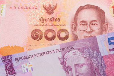 Brezilya 'dan gelen pembe ve mor beş banknotun makro görüntüsü Tayland' dan gelen 100 baht 'lık kırmızı bir banknotla eşleştirildi. Makro çekimde yakın çekim.