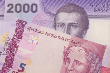Brezilya 'dan gelen pembe ve mor beş banknotun makro görüntüsü. İki bin Şili pesosuyla eşleştirilmiş mor bir plastik banknot. Makro çekimde yakın çekim.