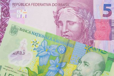 Brezilya 'dan gelen pembe ve mor beş banknotun makro görüntüsü, Romanya' dan gelen yeşil, plastik bir ley banknotla eşleştirildi. Makro çekimde yakın çekim.