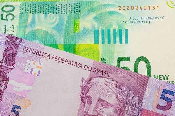 Brezilya Dan Gelen Pembe Mor Beş Banknotun Makro Görüntüsü Srail — Stok fotoğraf