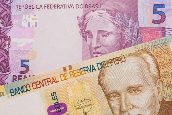 Makro Obraz Růžové Fialové Pětky Brazílie Spojené Béžovou Dvacetidolarovou Bankovkou — Stock fotografie