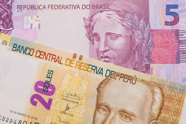 Makro Obraz Růžové Fialové Pětky Brazílie Spojené Béžovou Dvacetidolarovou Bankovkou — Stock fotografie