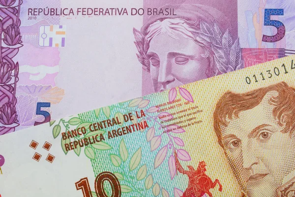 巴西面额为粉色和紫色的5张真实钞票与阿根廷面额为10比索的彩色钞票搭配在一起的宏观图像 在宏观上拍的特写 — 图库照片