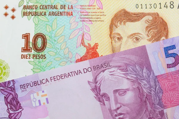 Макро Изображение Розовой Фиолетовой Банкнот Бразилии Паре Красочной Банкнотой Десять — стоковое фото