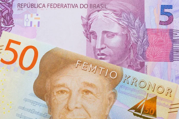 Makro Obraz Różowego Fioletowego Pięć Prawdziwego Banknotu Brazylii Połączeniu Szarym — Zdjęcie stockowe