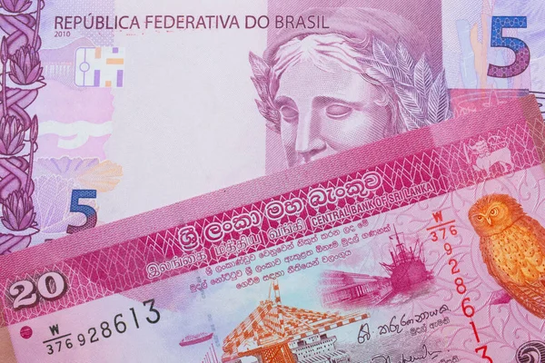 巴西面额为粉色和紫色的5张真实钞票与斯里兰卡面额为20卢比的粉红和白色钞票搭配在一起的宏观图像 在宏观上拍的特写 — 图库照片