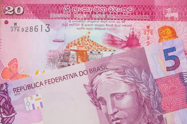 Makro Wizerunek Różowego Fioletowego Pięciu Prawdziwych Banknotów Brazylii Połączeniu Różowym — Zdjęcie stockowe