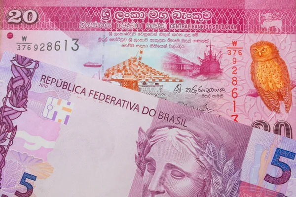 ブラジルのピンクと紫の5つの本物の銀行券のマクロ画像は スリランカのピンクと白の20ルピーの銀行券と対になりました マクロでショットを閉じる — ストック写真