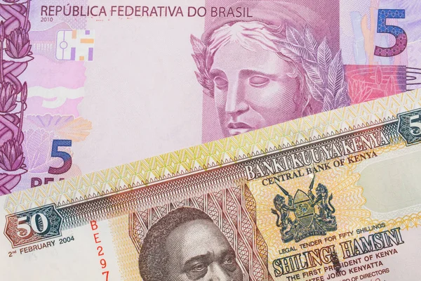 Makro Obraz Różowego Fioletowego Banknotu Pięciu Prawdziwych Banknotów Brazylii Połączeniu — Zdjęcie stockowe
