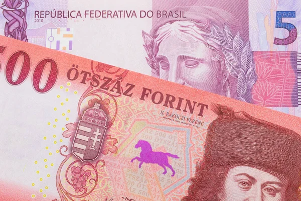 Une Macro Image Billet Rose Violet Cinq Billets Banque Brésil — Photo