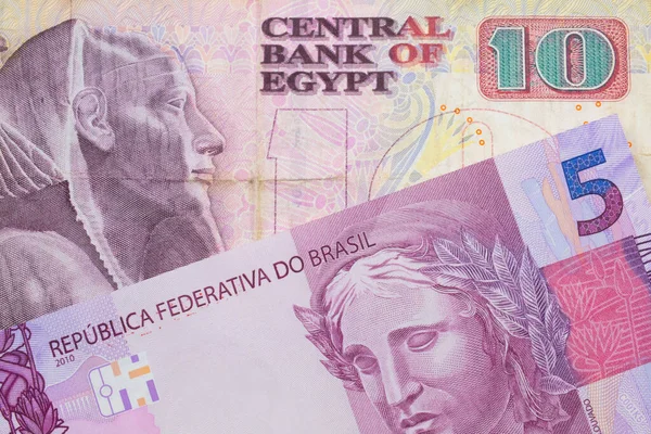 ブラジルからのピンクと紫の5つの本物の銀行券のマクロ画像は エジプトからのピンクと紫の10ポンドの銀行券と対になりました マクロでショットを閉じる — ストック写真