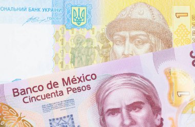 Meksika 'dan gelen 50 pesoluk pembe bir banknotun makro görüntüsü Ukrayna' dan gelen mavi, beyaz ve sarı bir Hyrvnia banknotuyla eşleştirildi. Makro çekimde yakın çekim.