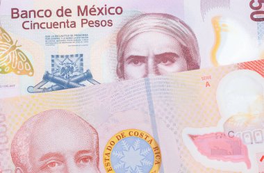 Meksika 'dan gelen 50 pesoluk pembe bir banknotun makro görüntüsü Kosta Rika' dan gelen bin colonluk renkli bir banknotla eşleşti. Makro çekimde yakın çekim.