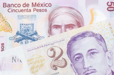 Meksika 'dan gelen 50 pezoluk pembe bir banknotun makro görüntüsü. Singapur' dan gelen mor ve beyaz plastik iki dolarlık banknotla eşleştirilmiş. Makro çekimde yakın çekim.