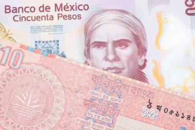 Meksika 'dan gelen 50 pesoluk pembe bir banknotun makro görüntüsü Bangladeş' ten gelen 10 taka banknotuyla eşleştirildi. Makro çekimde yakın çekim.