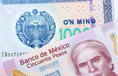 Meksika 'dan gelen 50 pesoluk pembe bir banknotun makro görüntüsü Özbekistan' dan gelen mavi, beyaz ve yeşil bir 10 bin banknotla eşleştirildi. Makro çekimde yakın çekim.