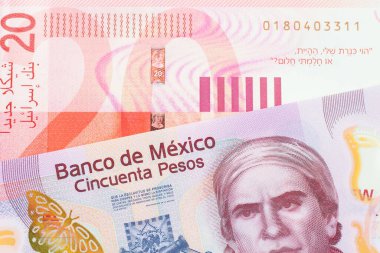 Meksika 'dan gelen 50 pezoluk pembe bir banknotun makro görüntüsü İsrail' i oluşturan kırmızı ve beyaz bir 20 şekel banknotla eşleştirildi. Makro çekimde yakın çekim.