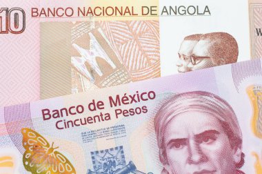 Meksika 'dan gelen 50 pezoluk pembe bir banknotun makro görüntüsü Angola' dan gelen renkli on kwanza banknotuyla eşleştirildi. Makro çekimde yakın çekim.
