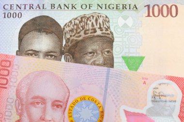 A macro image of a blue, purple and green one thousand  naira note from Nigeria paired up with a colorful red one thousand colones bank note from Costa Rica.  Shot close up in macro. clipart