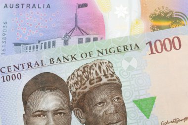 Nijerya 'dan mavi, mor ve yeşil bin nairalık bir banknotun makro görüntüsü Avustralya' dan gelen renkli beş dolarlık banknotla eşleştirildi. Makro çekimde yakın çekim.