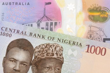 Nijerya 'dan mavi, mor ve yeşil bin nairalık bir banknotun makro görüntüsü Avustralya' dan gelen renkli beş dolarlık banknotla eşleştirildi. Makro çekimde yakın çekim.