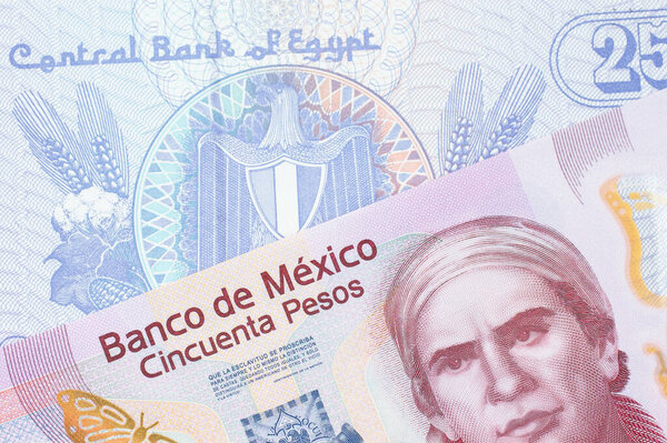 A macro image of a pink, plastic fifty peso bank note from Mexico paired up with a blue twenty five piastre bank note from Egypt.  Shot close up in macro.