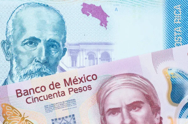 Макро Світлині Рожевої Пластикової Банкноти Номіналом Ятдесят Песо Мексики Зображено — стокове фото