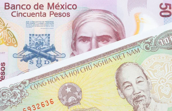 멕시코에서 발행되는 분홍색 플라스틱 지폐의 매크로 이미지와 베트남에서 000 지폐가 — 스톡 사진