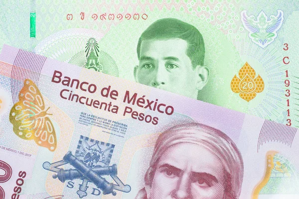 멕시코에서 발행되는 분홍색 플라스틱 지폐의 매크로 이미지와 태국에서 지폐가 이루고 — 스톡 사진