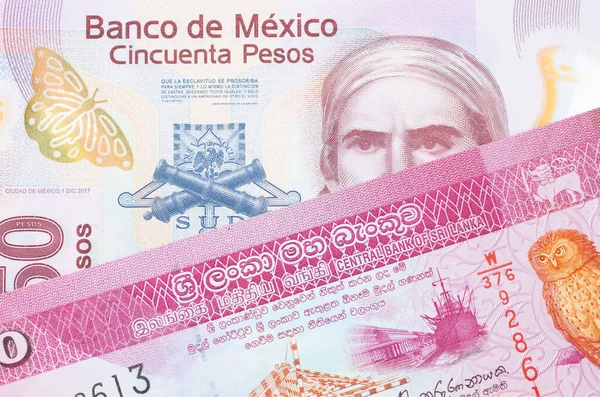 一张墨西哥面额为50比索的粉色塑料钞票和斯里兰卡面额为20卢比的粉红和白色钞票的宏观图片 在宏观上拍的特写 — 图库照片