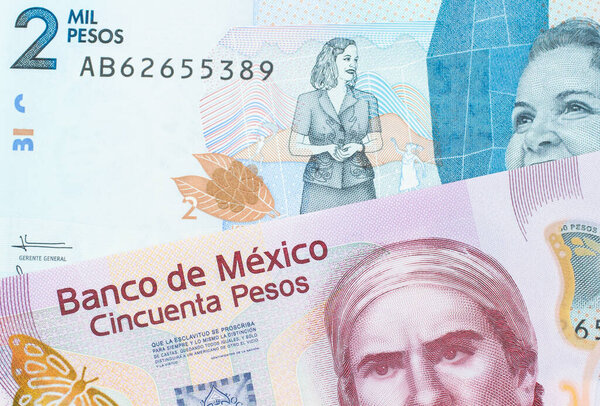 A macro image of a pink, plastic fifty peso bank note from Mexico paired up with a blue two thousand bank note from Colombia.  Shot close up in macro.