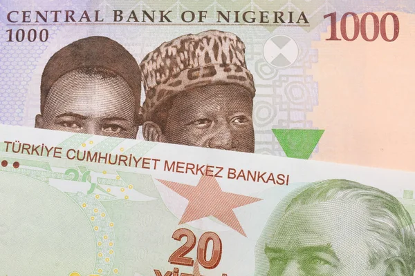 Makroobraz Niebieskiego Fioletowego Zielonego Banknotu Tysiąca Naira Nigerii Połączony Zielonym — Zdjęcie stockowe