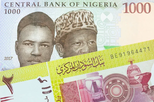 ナイジェリアの青 緑の1 000ナイラ紙幣のマクロなイメージとスーダンの緑の2ポンド紙幣の組み合わせ マクロでショットを閉じる — ストック写真