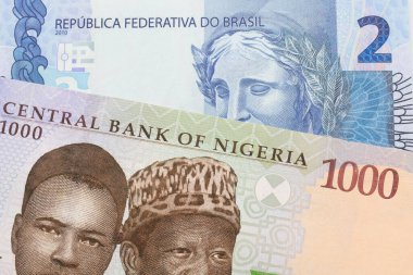 Nijerya 'dan mavi, mor ve yeşil bin nairalık bir banknotun makro görüntüsü Brezilya' dan gelen iki gerçek banknotla eşleştirildi. Makro çekimde yakın çekim.