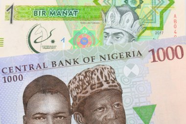 Nijerya 'dan mavi, mor ve yeşil bin nairalık bir banknotun makro görüntüsü Tacikistan' dan mavi ve beyaz beş somoni banknotuyla eşleştirildi. Makro çekimde yakın çekim.