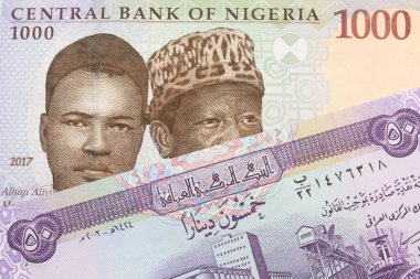 Nijerya 'dan gelen mavi, mor ve yeşil bin nairalık bir banknotun makro görüntüsü Irak' tan gelen mor bir 50 dinar banknotla eşleştirildi. Makro çekimde yakın çekim.