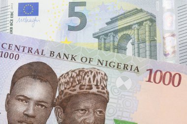 Nijerya 'dan mavi, mor ve yeşil bin nairalık bir banknotun makro görüntüsü mavi, yeşil ve beyaz beş euro ile eşleştirildi. Makro çekimde yakın çekim.