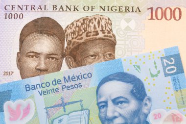 Nijerya 'dan gelen mavi, mor ve yeşil 1000 nairalık bir banknotun makro görüntüsü Meksika' dan gelen 20 pezoluk bir banknotla eşleştirildi. Makro çekimde yakın çekim.