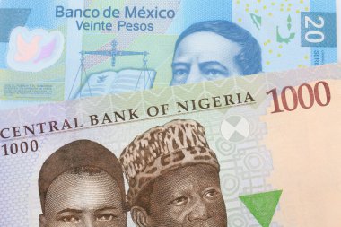 Nijerya 'dan gelen mavi, mor ve yeşil 1000 nairalık bir banknotun makro görüntüsü Meksika' dan gelen 20 pezoluk bir banknotla eşleştirildi. Makro çekimde yakın çekim.