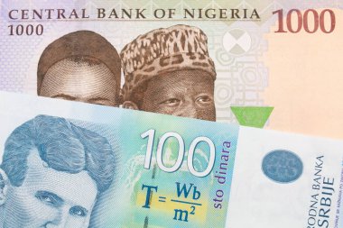 Nijerya 'dan gelen mavi, mor ve yeşil bir 1000 nairanın makro görüntüsü yüz Sırp dinar banknotuyla eşleştirildi. Makro çekimde yakın çekim.