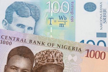 Nijerya 'dan gelen mavi, mor ve yeşil bir 1000 nairanın makro görüntüsü yüz Sırp dinar banknotuyla eşleştirildi. Makro çekimde yakın çekim.