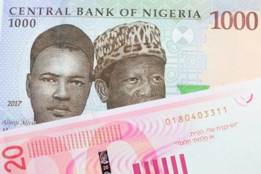 Nijerya 'dan gelen mavi, mor ve yeşil bin nairanın makro görüntüsü kırmızı ve beyaz yirmi şekel banknotla eşleştirilerek İsrail' i oluşturdu. Makro çekimde yakın çekim.