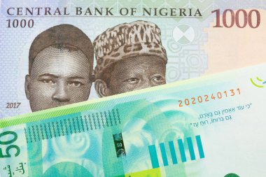 Nijerya 'dan gelen mavi, mor ve yeşil bin nairalık bir banknotun makro görüntüsü İsrail' den gelen yeşil ve beyaz 50 şekel banknotla eşleştirildi. Makro çekimde yakın çekim.