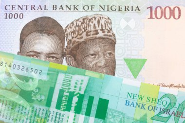 Nijerya 'dan gelen mavi, mor ve yeşil bir 1000 nairanın makro görüntüsü İsrail' den gelen yeşil ve beyaz bir 20 şekel banknotla eşleştirildi. Makro çekimde yakın çekim.